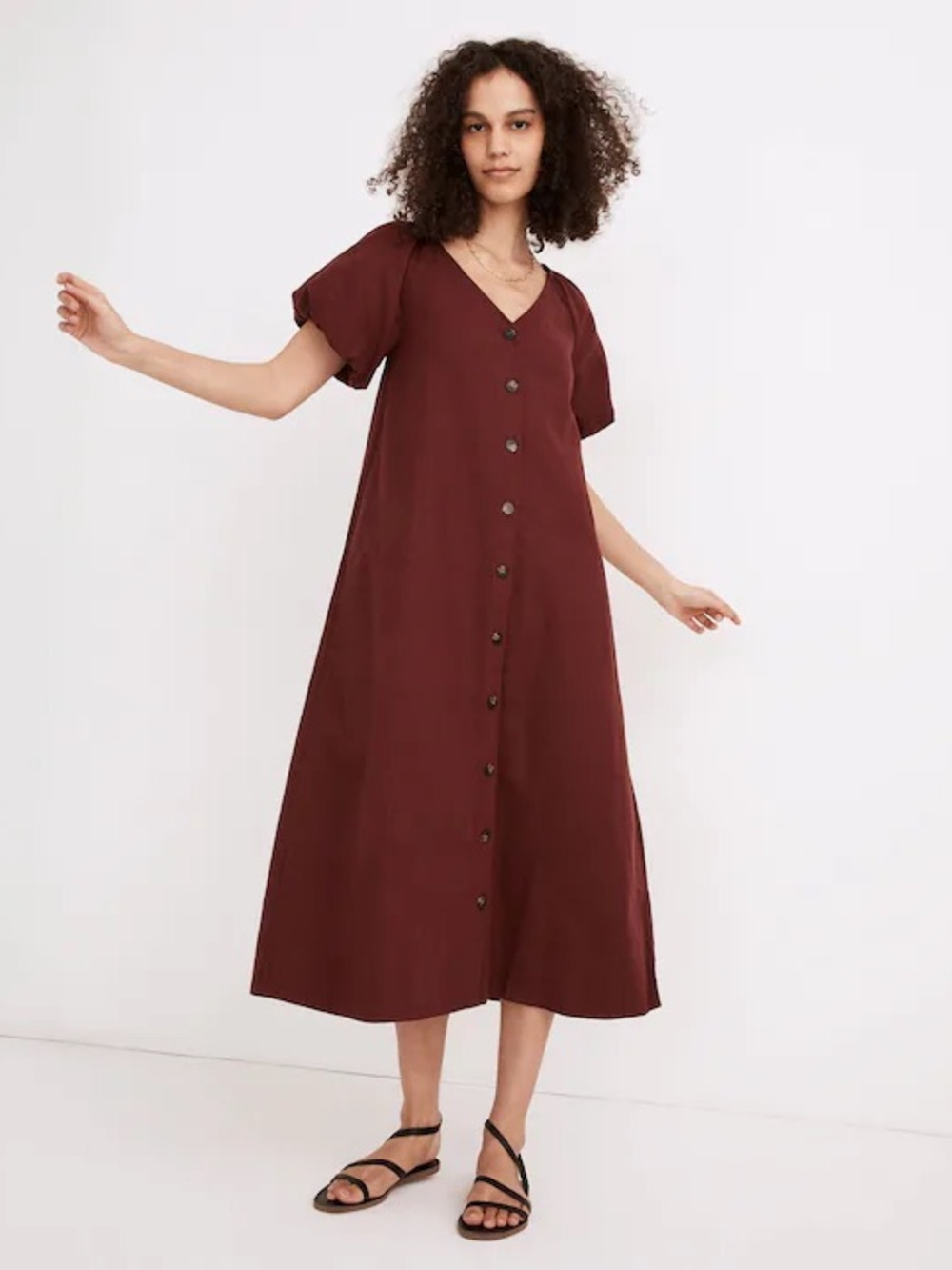 Button-Front V-Neck Midi Dress with Bubble Sleeves, Dark Red / Burgundy